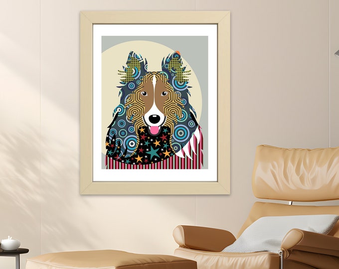 Rough Collie Wall Art Gift, Dog Pop Art Print Pet Portrait Canine Doggy Painting