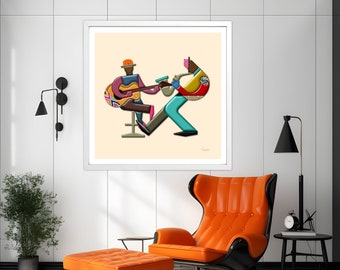 Jazz Art Music Décor, African American DJ Print Saxophone Guitar Lover Gift, Cubist Painting