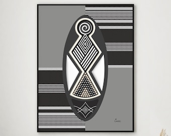 May include: Abstract wall art print featuring a central oval design with geometric patterns in black and white. The background is divided into gray and black sections with horizontal stripes. The artwork is framed in black.