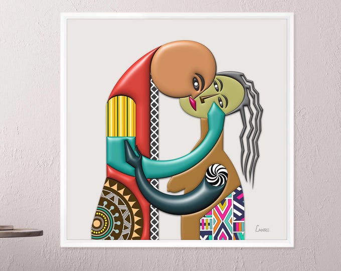 Abstract Love Art Romance Painting, Adam And Eve Kissing Print Cubist Canvas Décor