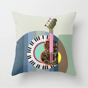 Music Throw Pillow, Guitar Lover Gift Piano Décor image 1