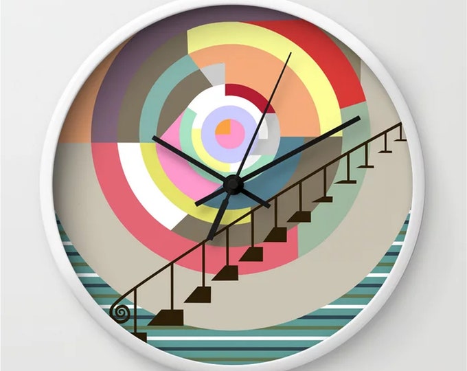 Geometric Wall Clock, Stairways To Heaven Timepiece Staircase Abstract Cubism Décor