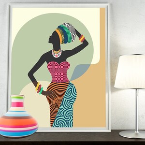 African Woman Wall Art, Black Girl Home Décor Afrocentric Girl Ethnic Painting Geometric Design image 3