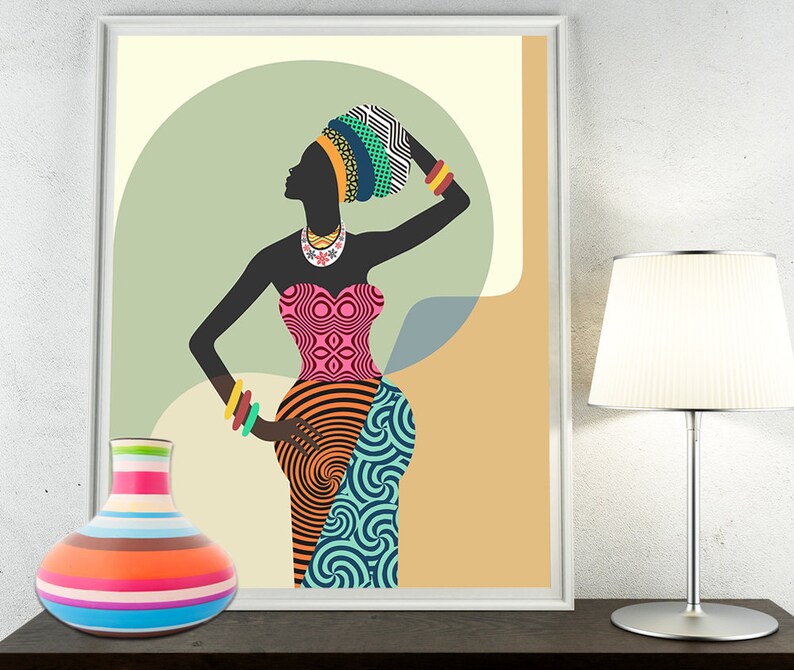 African Woman Wall Art, Black Girl Home Décor Afrocentric Girl Ethnic Painting Geometric Design image 3