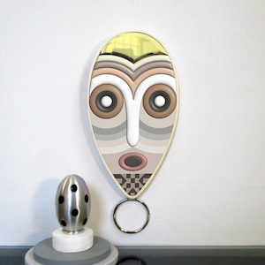 Boho African Mask Wall Sculpture: Abstract Cubist Wood Art