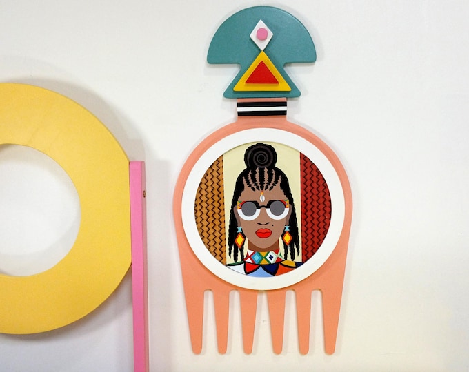 Black Woman Decor: Afro Pick Duafe Adinkra Afrocentric Home Accent Wooden Sculpture