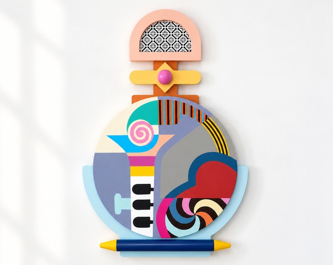 Abstract Musical Wall Sculpture: Colorful Cubist Art, Modern Statement Piece