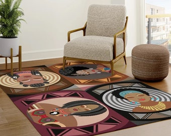 African Women Patterned Rug, Black Girl Rug Natural Hair Art Floor Home Decor