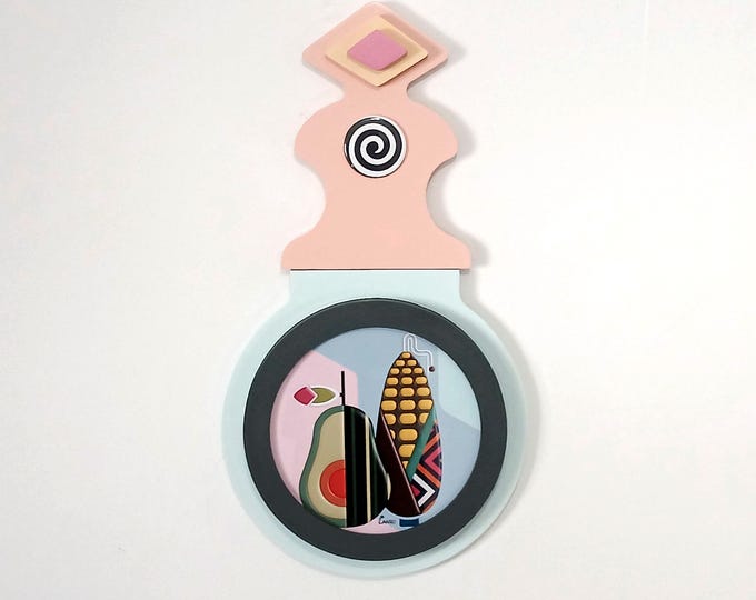 Cubist Corn & Avocado Wood Sculpture: Harvest Pop Art Wall Decor