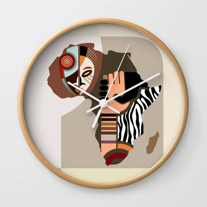 African Decor Clock, African Map, African Mask Wall Art Clock, African