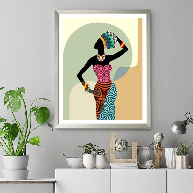 African Woman Wall Art, Black Girl Home Décor Afrocentric Girl Ethnic Painting Geometric Design image 2