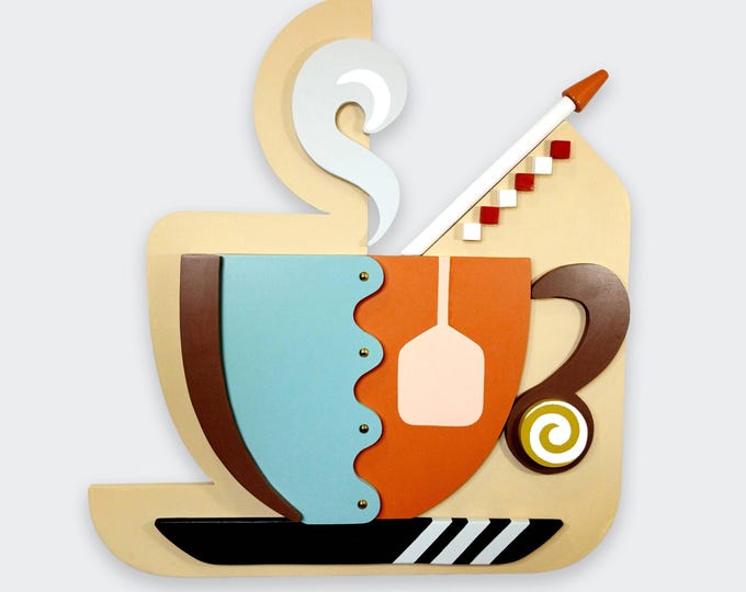 Abstract Wooden Wall Sculpture: Cubist Tea Cup Art Modern Geometric Wall Decor
