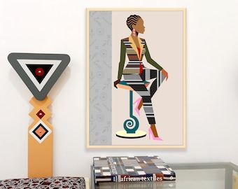 Inner Peace Black Woman Wall Art Contemporary African Geometric Aso Oke Print Minimalist Decor