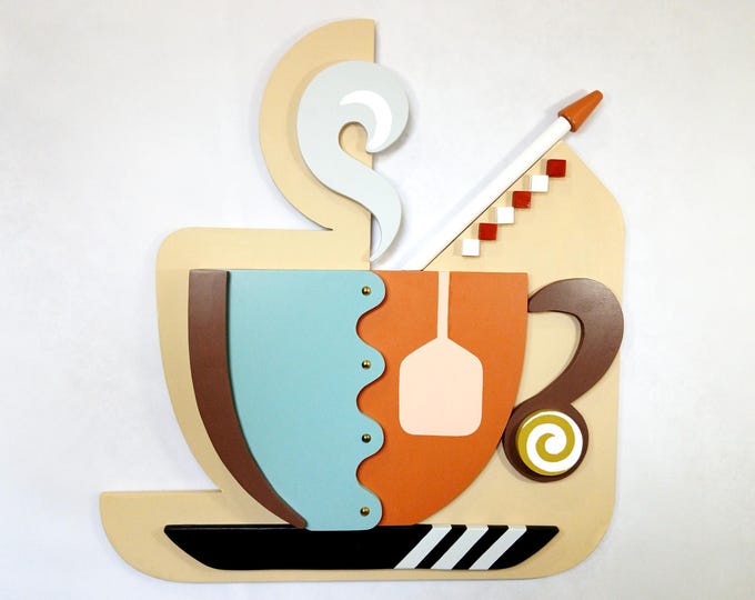 Abstract Wooden Wall Sculpture: Cubist Tea Cup Art Modern Geometric Wall Decor