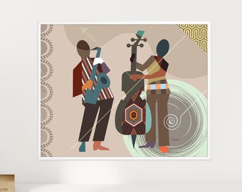 May include: A digital illustration of two musicians playing instruments. The musician on the left is playing a saxophone, and the musician on the right is playing a double bass. The illustration is done in a geometric style with bold colors and patterns.