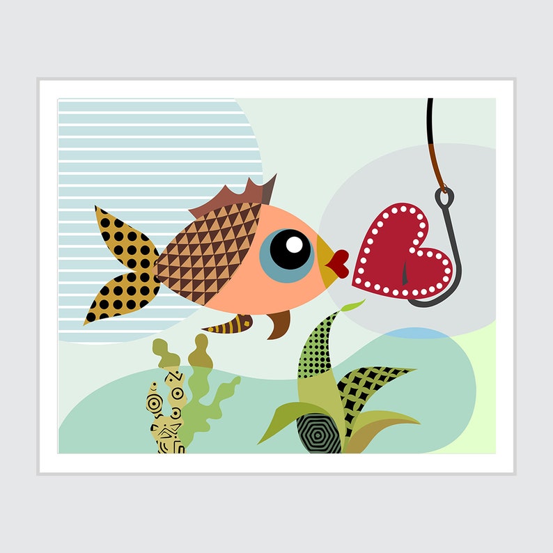 Love Fish Nautical Art Valentine Print Gift For Her image 1