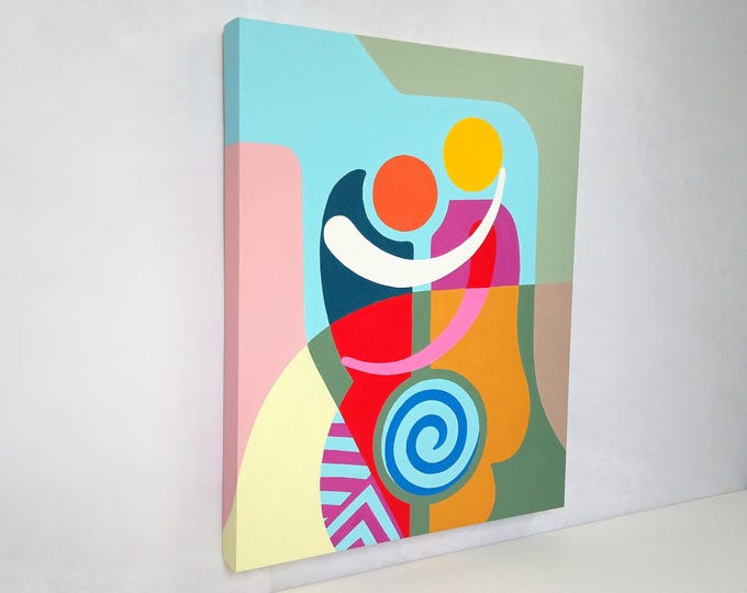 Abstract Cubist Love Pop Art Painting: Modern Geometric Couple Art Original Acrylic Wall Art 16x20