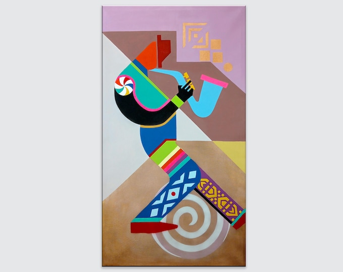 Abstract Cubist Saxophone Painting: Jazz Music Artwork Contemporary Modern Artwork