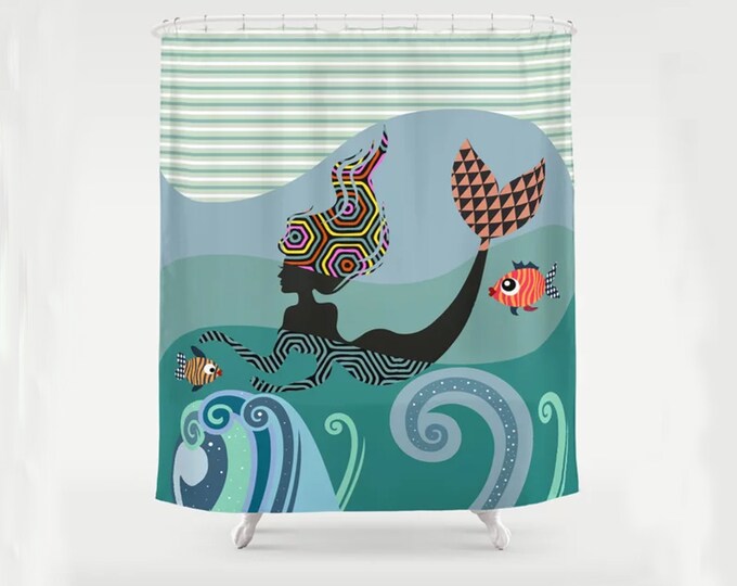 Mermaid Shower Curtain Gift, Fish Bathroom Art Sea Creature Print