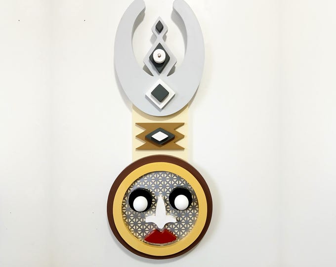 African Mask Wall Art: Mixed Media Wood & Aluminum Sculpture, Contemporary Tribal Decor