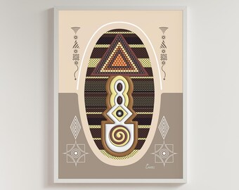 May include: Abstract art print in a white frame. The artwork features geometric shapes in brown, tan, and yellow, including a triangle, an oval, and a spiral. Decorative elements and patterns surround the central design, creating a layered effect.
