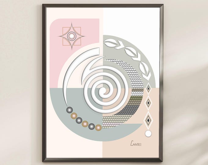 Afrocentric Boho Wall Art Print Modern Cubist Geometric Abstract with Cowrie Shell & Spiral Design