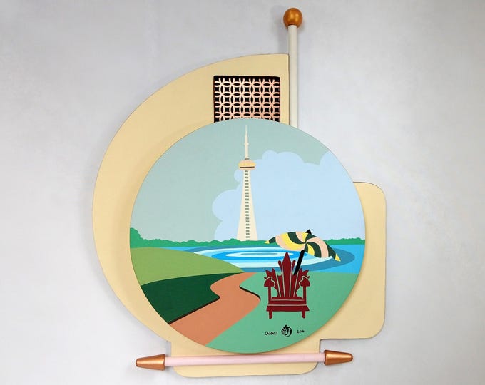 Abstract Seascape Original Acrylic Painting  CN Tower Toronto Pop Art Wooden Sculpture