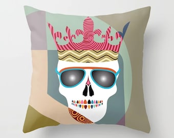 Skull Throw Pillow, Skeleton Cushion Halloween