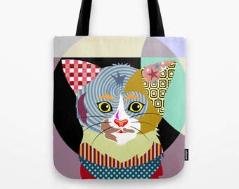 Cat Tote Bag , Kitten Print Canvas Shoulder Sack