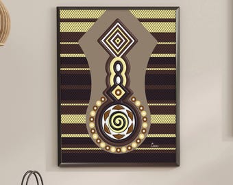 May include: Framed abstract art print featuring a central brown shape with geometric designs in white, yellow, and brown. The background has horizontal stripes and a textured pattern in shades of brown and yellow. The artwork is in a black frame.