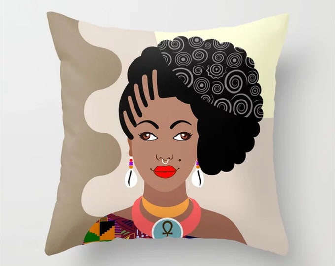 African Woman Pillow, Black Diva Art Ankh Print