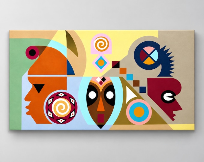 Original African Mask Acrylic Canvas Painting: Abstract Modern Cubist Cultural Wall Art