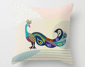 Peacock Pillow, Bird Cushion Peafowl Print Decor