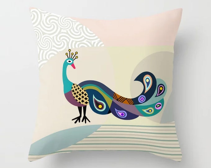 Peacock Pillow, Bird Cushion Peafowl Print Decor