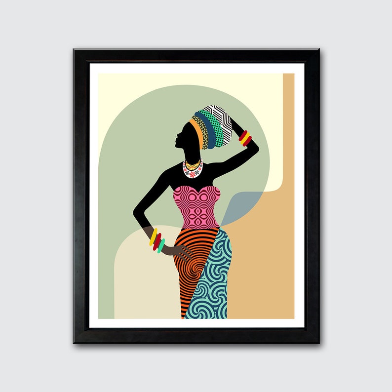 African Woman Wall Art, Black Girl Home Décor Afrocentric Girl Ethnic Painting Geometric Design image 8