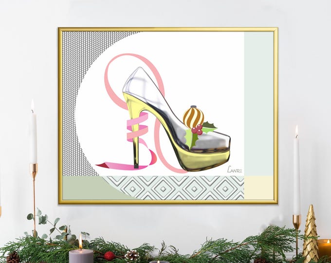 Christmas Stiletto Wall Art Print or Canvas: Gold & Silver Holiday Shoe Decor Glam Christmas Gift for Her