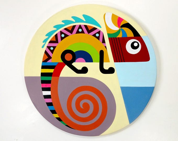 Original Abstract Chameleon Acrylic Painting on Wood Colorful Circular Geometric Pop Art Wall Decor