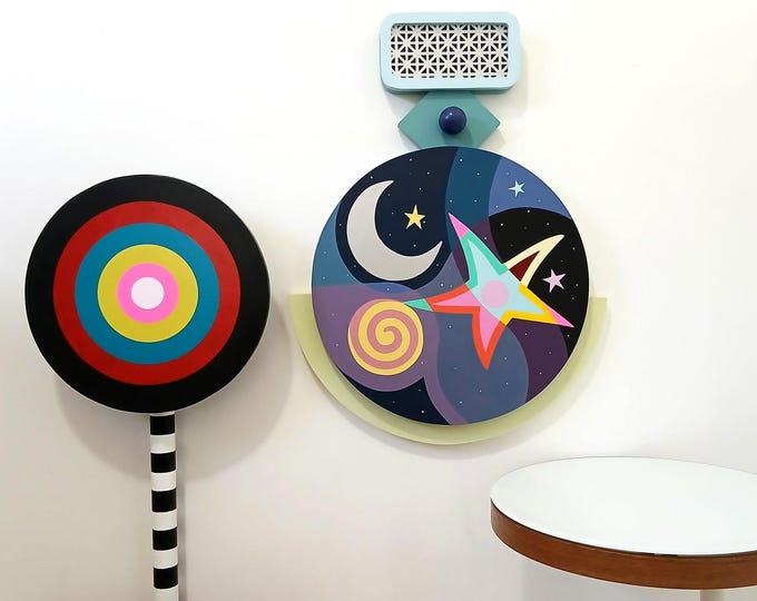 Original Abstract Cubist Wall Sculpture: Geometric Moon & Stars Art Inspirational Modern Home Decor