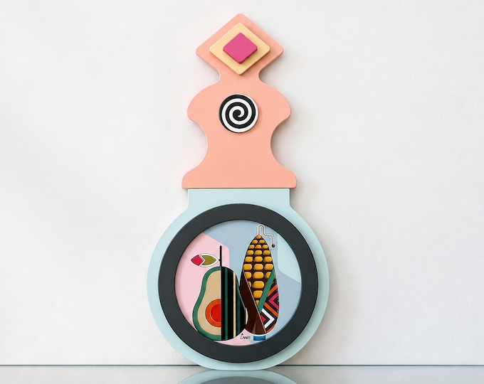 Cubist Corn & Avocado Wood Sculpture: Harvest Pop Art Wall Decor