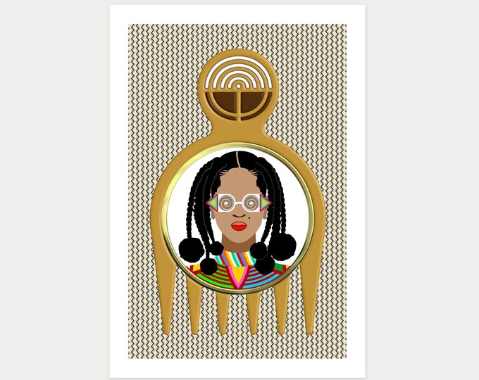 Black Woman Decor: Limited Edition Afrocentric Afro Pick Duafe Adinkra Art