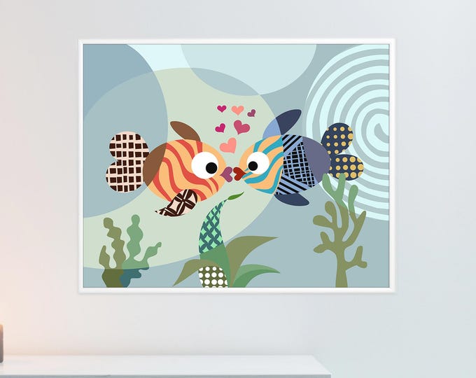 Kissing Fish Art Print Marine Life Colourful Wall Decor Love Art Print Girls Room Poster