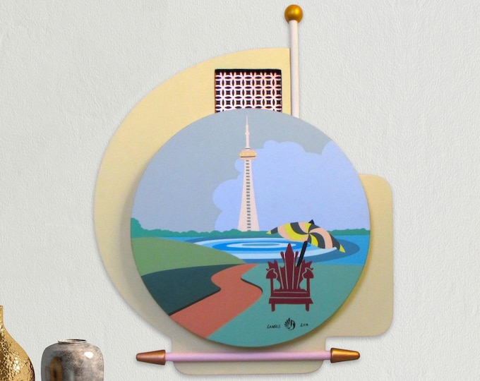Abstract Seascape Original Acrylic Painting  CN Tower Toronto Pop Art Wooden Sculpture