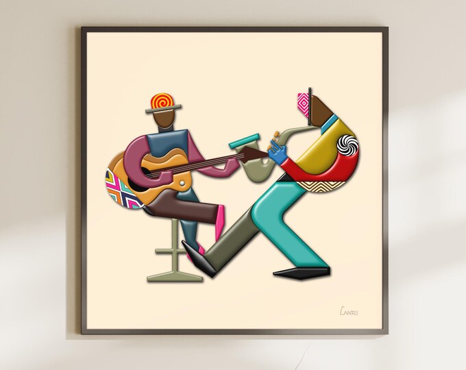 Jazz Art Music Décor African American Print Saxophone Guitar Music Lover Gift Colourful Abstract Cubist Pop Art Painting
