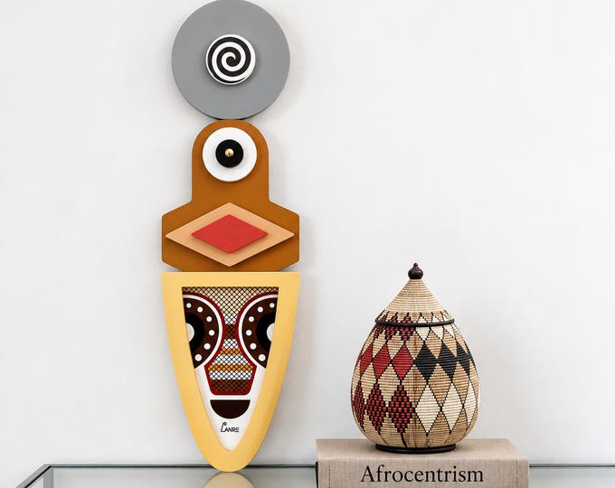 Cubist African Mask Wall Art: Modern Boho Wooden Sculpture