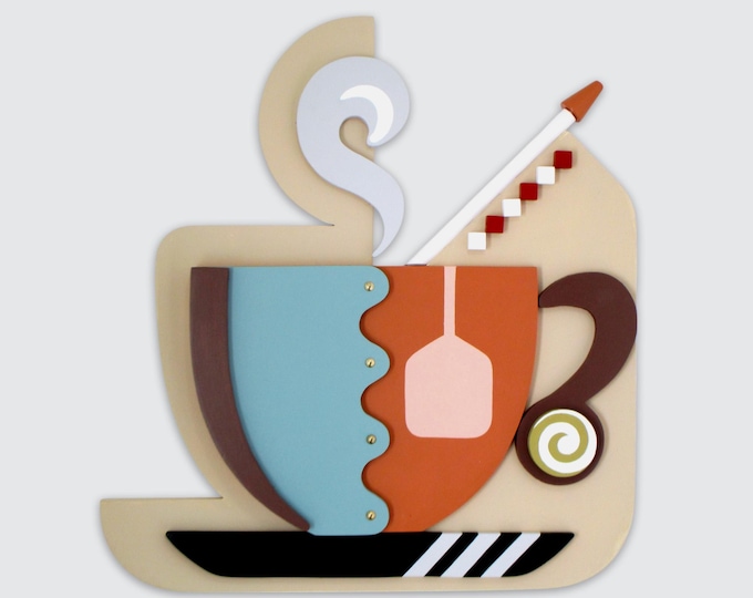 Abstract Wooden Wall Sculpture: Cubist Tea Cup Art Modern Geometric Wall Decor