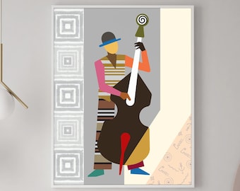 Holding the Groove Jazz Double Bass Wall Art Geometric Music Print Modern African Decor Contemporary