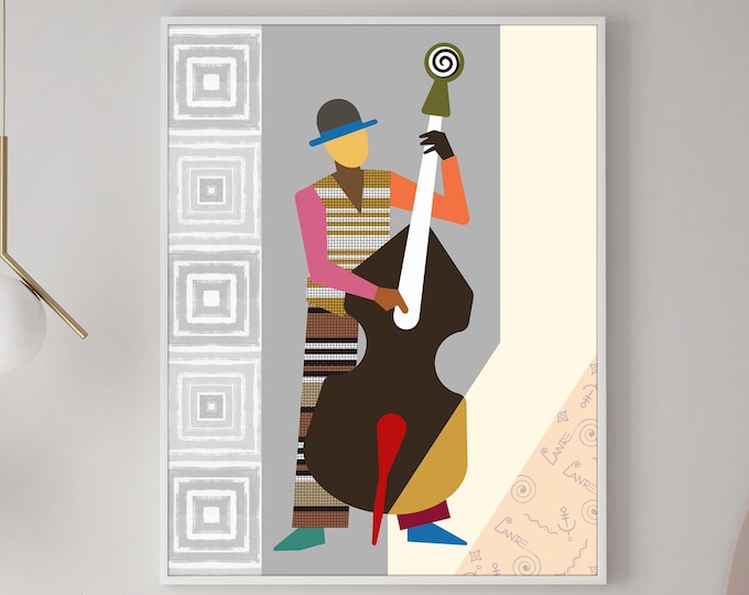 Holding the Groove Jazz Double Bass Wall Art Geometric Music Print Modern African Decor Contemporary