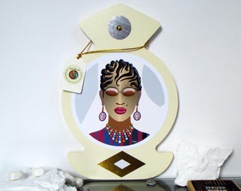 Afrofuturism Wooden Wall Art: Black Woman Natural Hair Painting