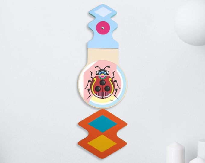 Abstract Wooden Wall Sculpture of Ladybug & Horseshoe Colourful Cubist Good Luck Decor Pop Art Fortune Symbol Housewarming New Home Gift