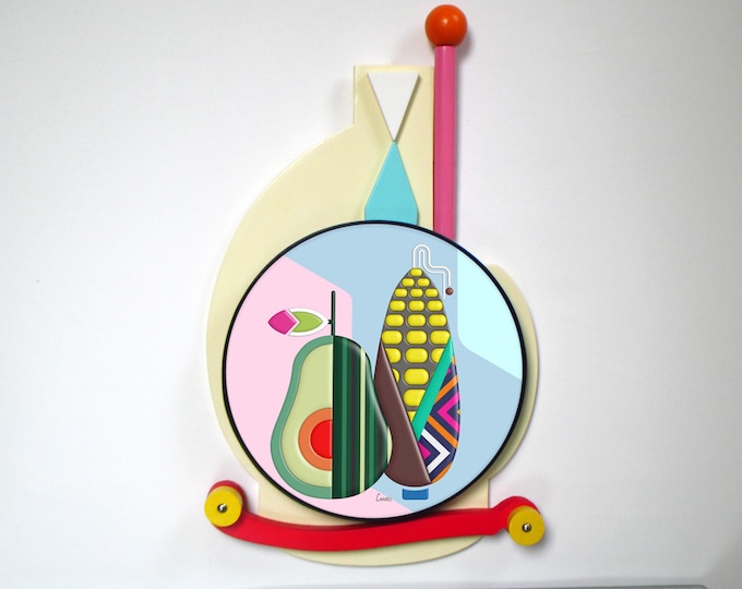 Harvest Wall Art Abstract Cubist Wooden Sculpture Corn & Avocado Colourful Pop Art Fruit Wall Décor Symbolic Artwork of Growth Abundance